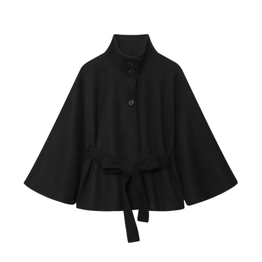 Damen Kurzes Cape-Mantel mit Stehkragen, Knopfleiste und Bindegürtel Nord Taschen