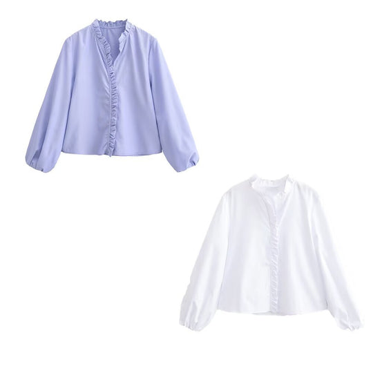 Damen Rüschenbluse mit V-Ausschnitt und Ballonärmeln Nord Taschen