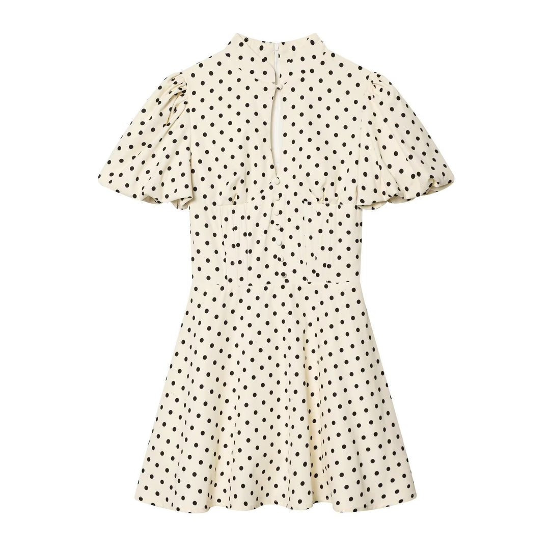 Damen Gepunktetes A‑Linien‑Kleid mit Stehkragen, Taillierung und Ballonärmeln Nord Taschen