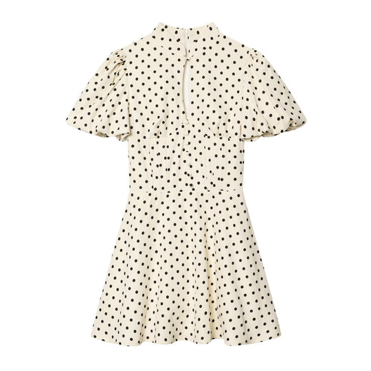Damen Gepunktetes A‑Linien‑Kleid mit Stehkragen, Taillierung und Ballonärmeln Nord Taschen