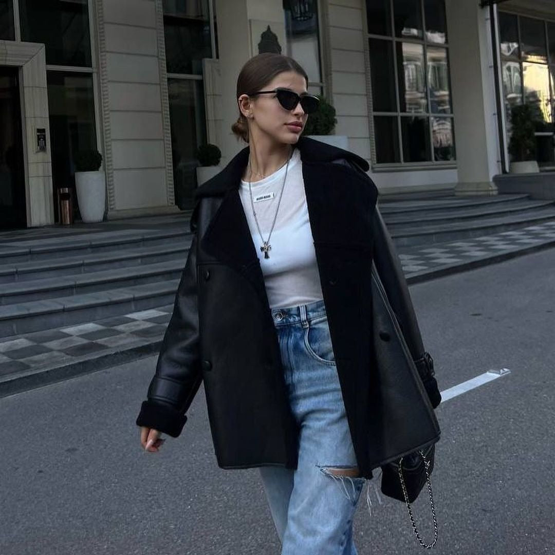 Damen Oversized Fliegerjacke aus Lammfellimitat mit Doppelreihiger Knopfleiste Nord Taschen