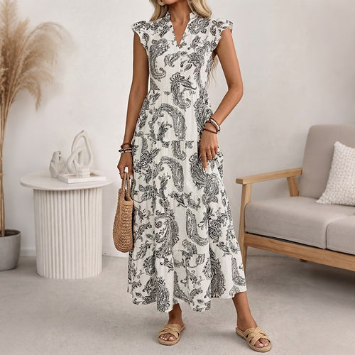 Damen Maxikleid mit Paisley‑Print, V‑Ausschnitt und Stufenrock Nord Taschen
