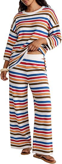 Damen Gestreiftes Lounge-Set aus leichtem Strick mit weitem Bein und 3/4-Ärmeln Nord Taschen