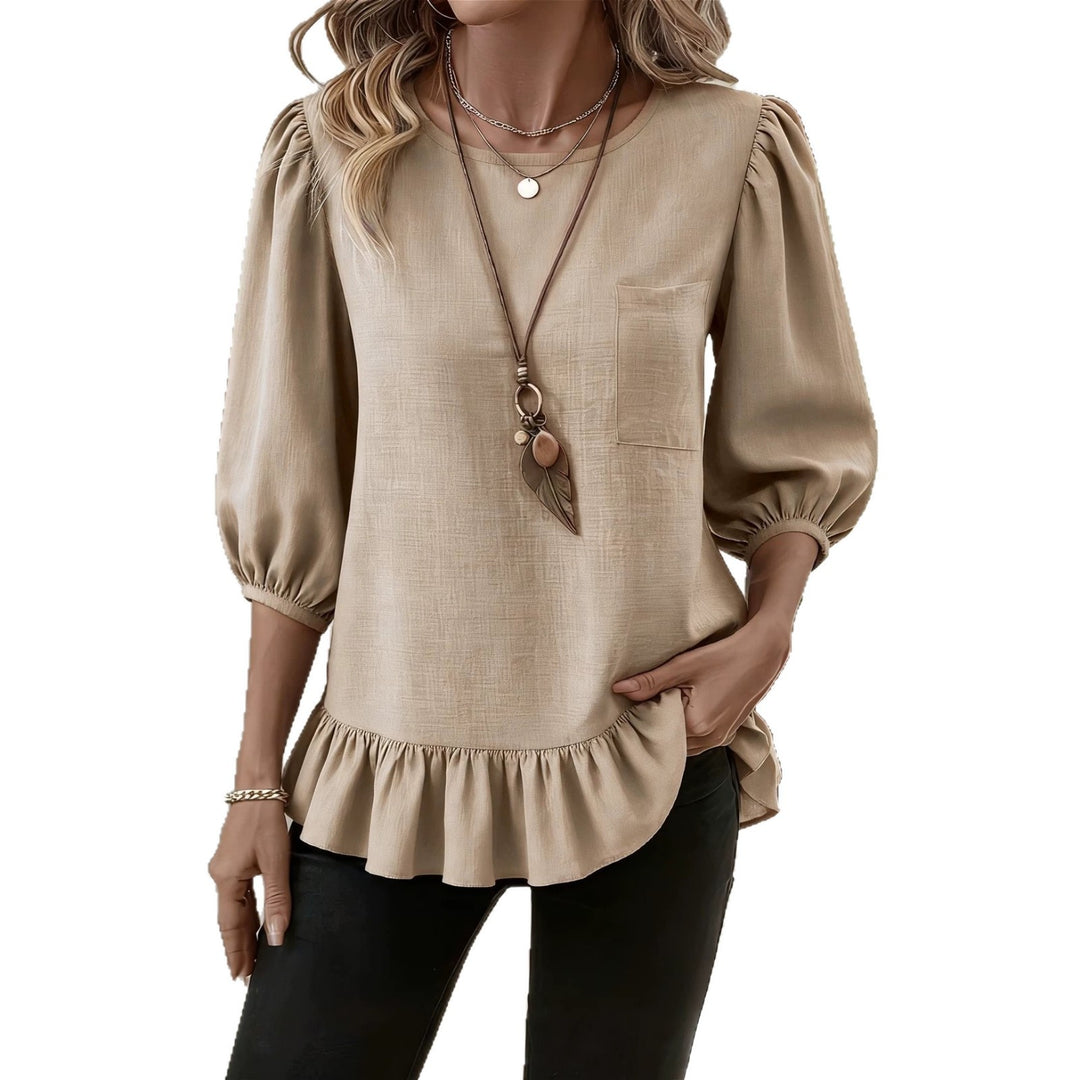 Damen Bluse mit Puffärmeln, Brusttasche und Stufenvolant Nord Taschen