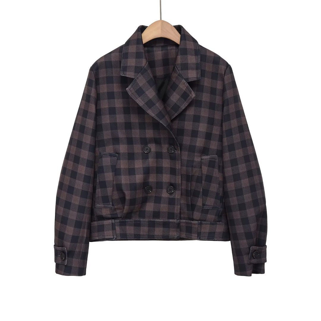 Damen Kurze Doppelreiher-Jacke im Karo-Design mit Reverskragen und Taillenbund Nord Taschen
