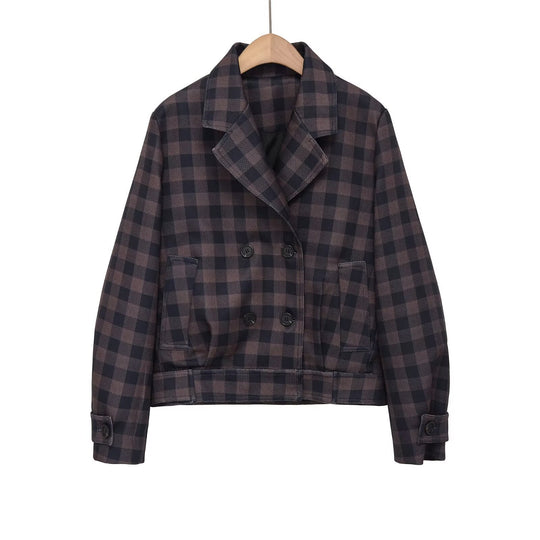 Damen Kurze Doppelreiher-Jacke im Karo-Design mit Reverskragen und Taillenbund Nord Taschen