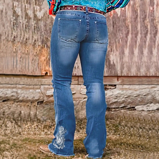 Damen Bootcut-Jeans im Western‑Stil mit dekorativer Stickerei und Used‑Effekt Nord Taschen