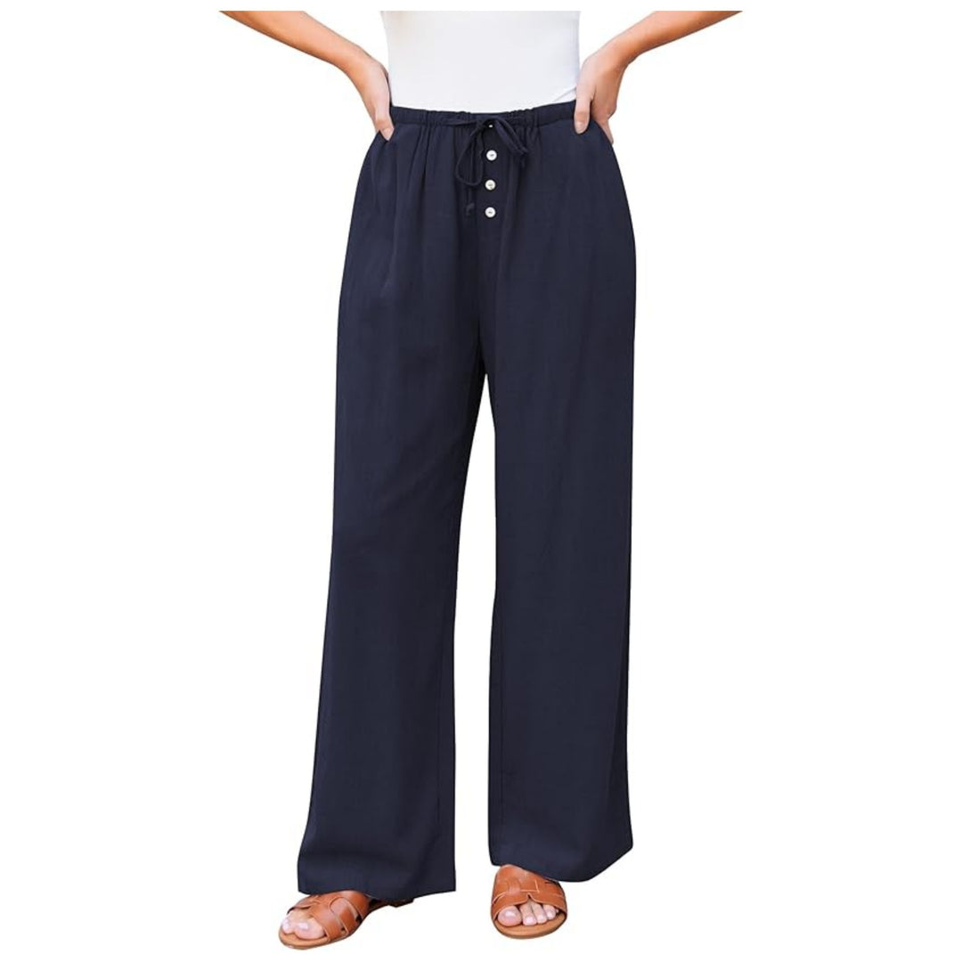 Damen Leinenoptik-Hose mit weitem Bein, Gummizug-Taille, Tunnelzug und Knopfdetail Nord Taschen