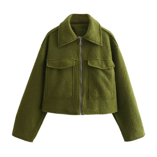 Damen Boxy-Cropped-Jacke aus Bouclé‑Wollmix mit Hemdkragen und aufgesetzten Pattentaschen Nord Taschen