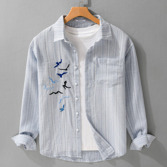 Herren Leichtes gestreiftes Overshirt aus Leinen-Baumwollmix mit Vogelstickerei Nord Taschen