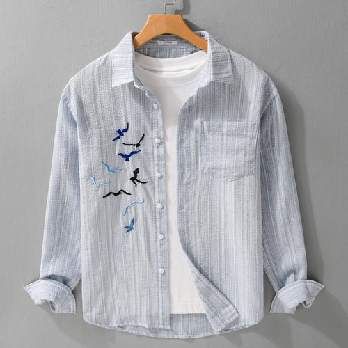 Herren Leichtes gestreiftes Overshirt aus Leinen-Baumwollmix mit Vogelstickerei Nord Taschen