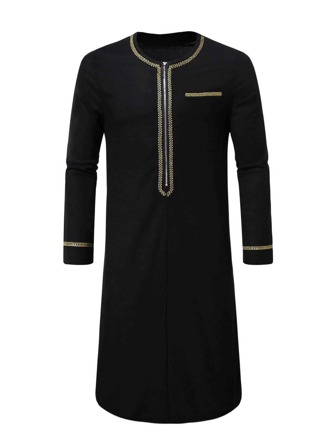 Herren Elegante Langtunika mit Rundhalsausschnitt, Frontreißverschluss und goldener Zierstickerei Nord Taschen