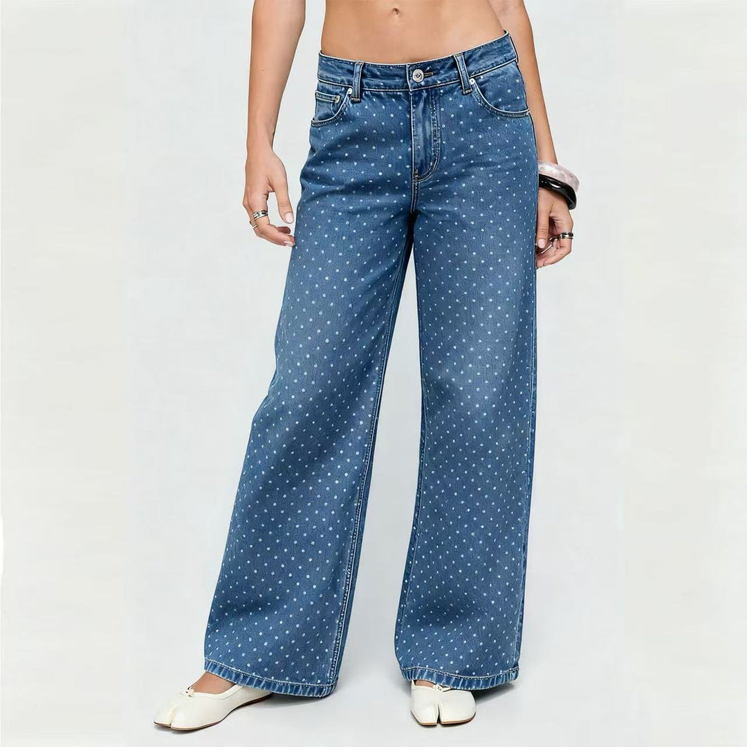 Damen hochgeschnittene weite Denimhose mit durchgehendem Punktmuster und klassischem Taschen-Design Nord Taschen