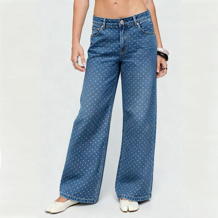 Damen hochgeschnittene weite Denimhose mit durchgehendem Punktmuster und klassischem Taschen-Design Nord Taschen