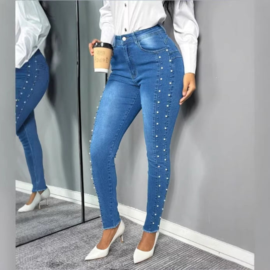 Damen Figurformende hochtaillierte Skinny-Jeans mit seitlicher Perlenzier Nord Taschen