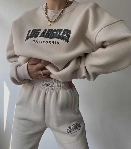 Damen Oversized Lounge-Set aus Baumwollfleece mit Collegestickerei und relaxed Jogginghose Nord Taschen