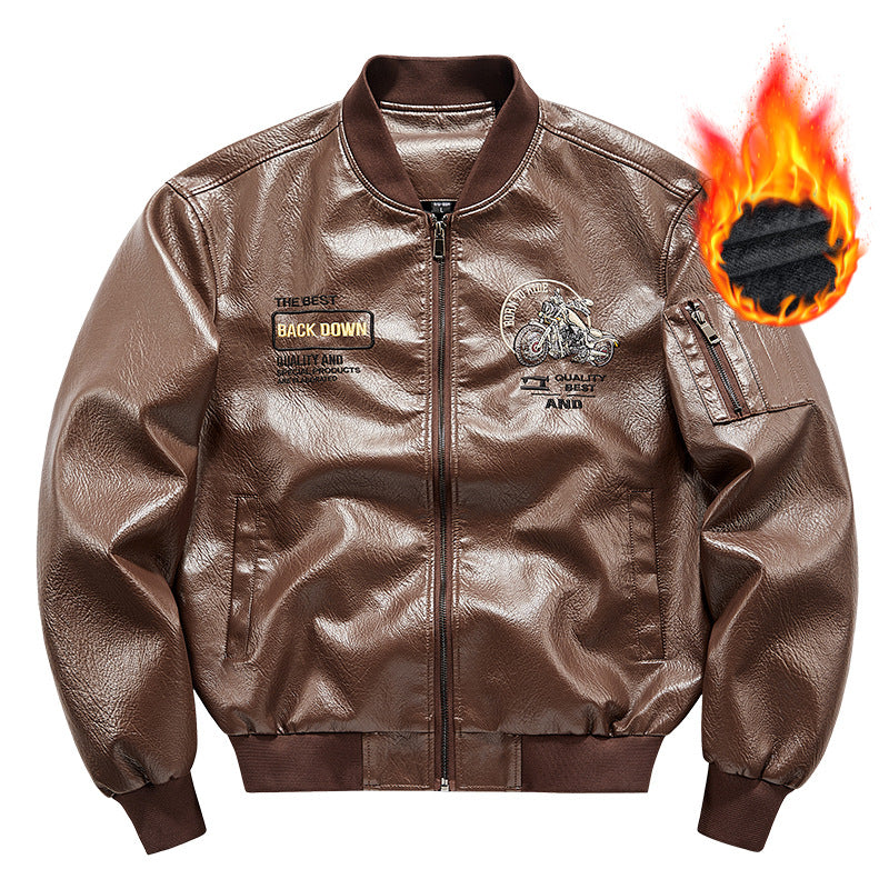 Herren Kunstleder‑Bomberjacke mit wärmender Fleece‑Innenfütterung, Motorrad‑Stickerei und Ärmeltasche Nord Taschen