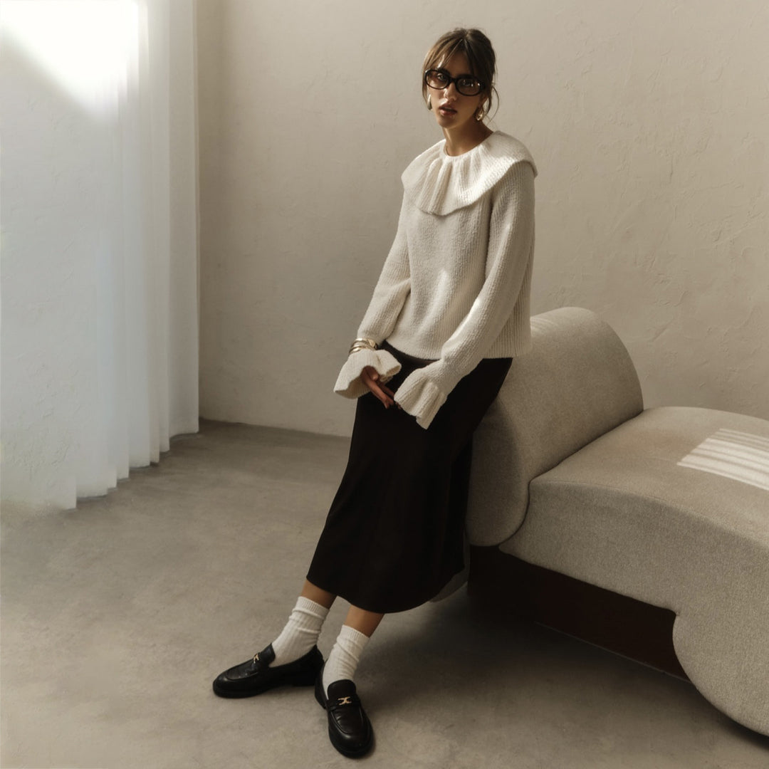 Damen Pullover mit weitem Rollkragen und Volantärmeln Nord Taschen