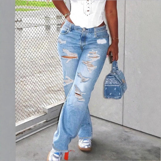 Damen Hochtaillierte Relaxed-Fit Straight-Jeans mit ausgeprägten Destroyed-Details Nord Taschen
