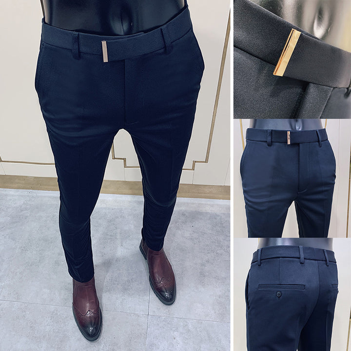 Herren schmale elegante Anzughose mit dezenter Goldschließe und Bügelfalte Nord Taschen