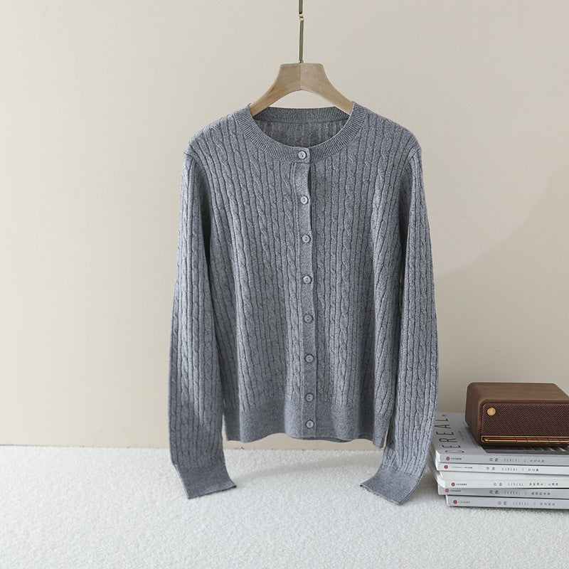 Damen Feiner Zopfmuster-Cardigan mit Rundhals und durchgehender Knopfleiste Nord Taschen