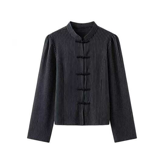 Damen Nadelstreifen-Mandarinjacke mit Knotenverschlüssen und geradem Schnitt Nord Taschen