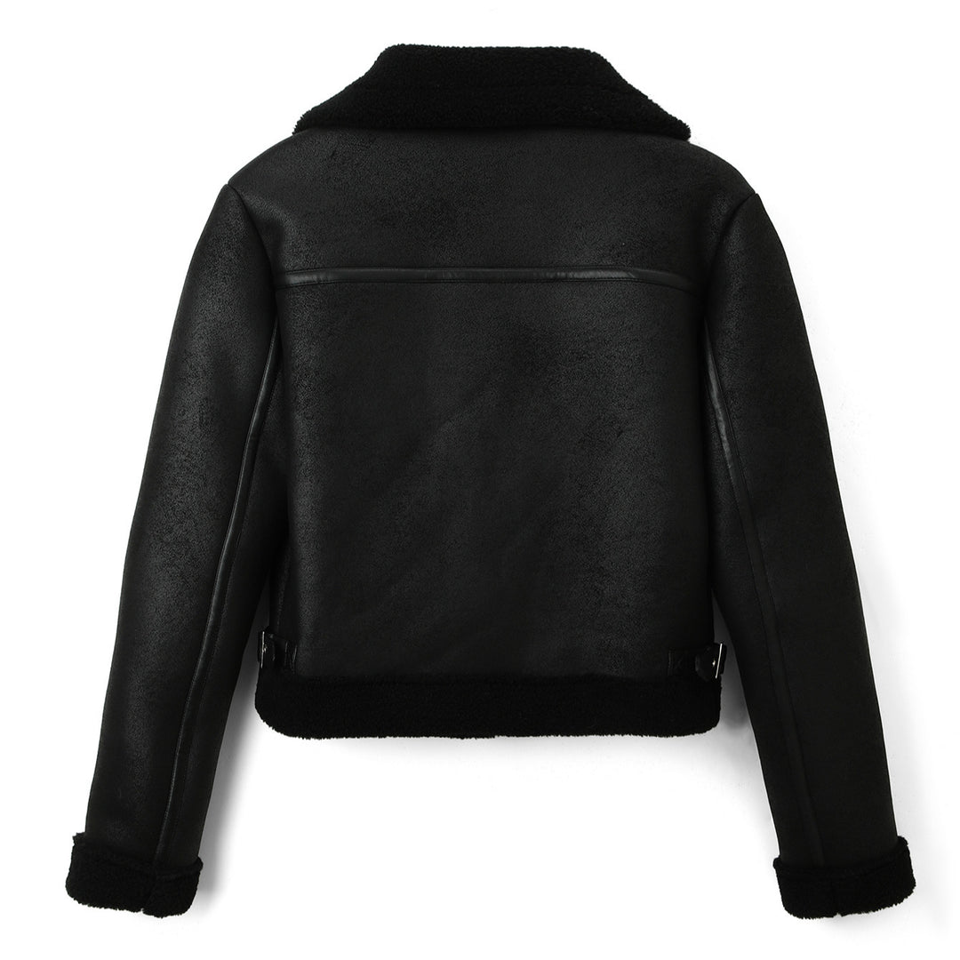 Damen Cropped-Fliegerjacke aus Lammfelloptik mit asymmetrischem Reißverschluss Nord Taschen