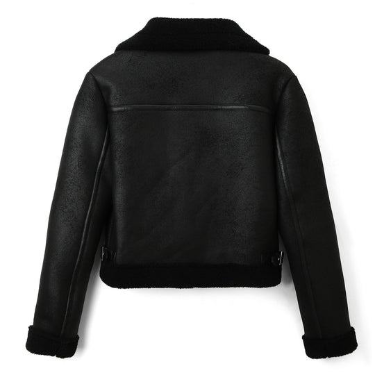 Damen Cropped-Fliegerjacke aus Lammfelloptik mit asymmetrischem Reißverschluss Nord Taschen