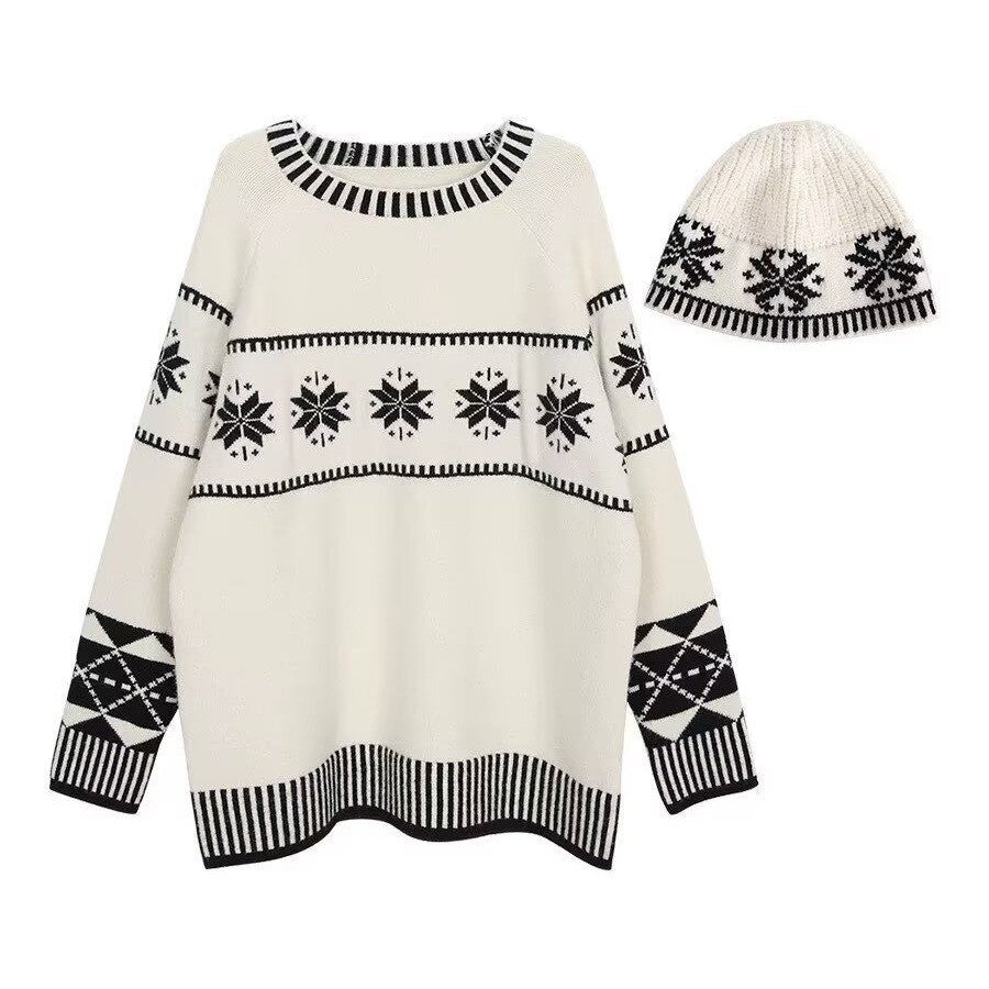Damen Gemütlicher Grobstrickpullover mit Wintermotiv Nord Taschen