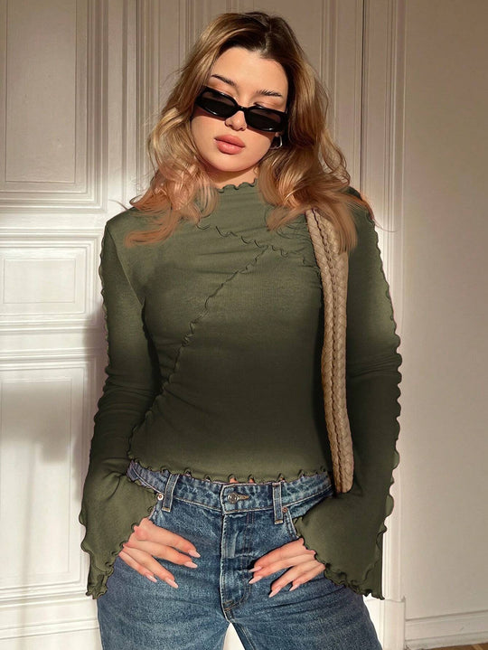 Damen Enganliegendes Geripptes Langarmshirt mit Stehkragen und Kräuselsaum Nord Taschen