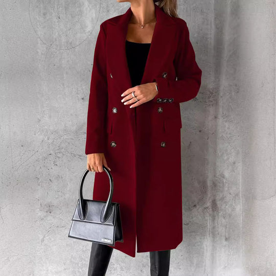 Damen Doppelreihiger Midilanger Wollmantel mit Reverskragen und taillierter Silhouette Nord Taschen