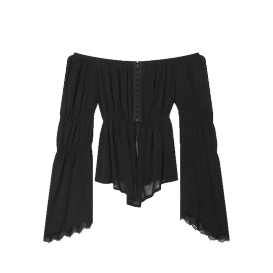 Damen Schulterfreies Chiffon-Top mit Carmen-Ausschnitt, geraffter Taille und voluminösen Volantärmeln Nord Taschen