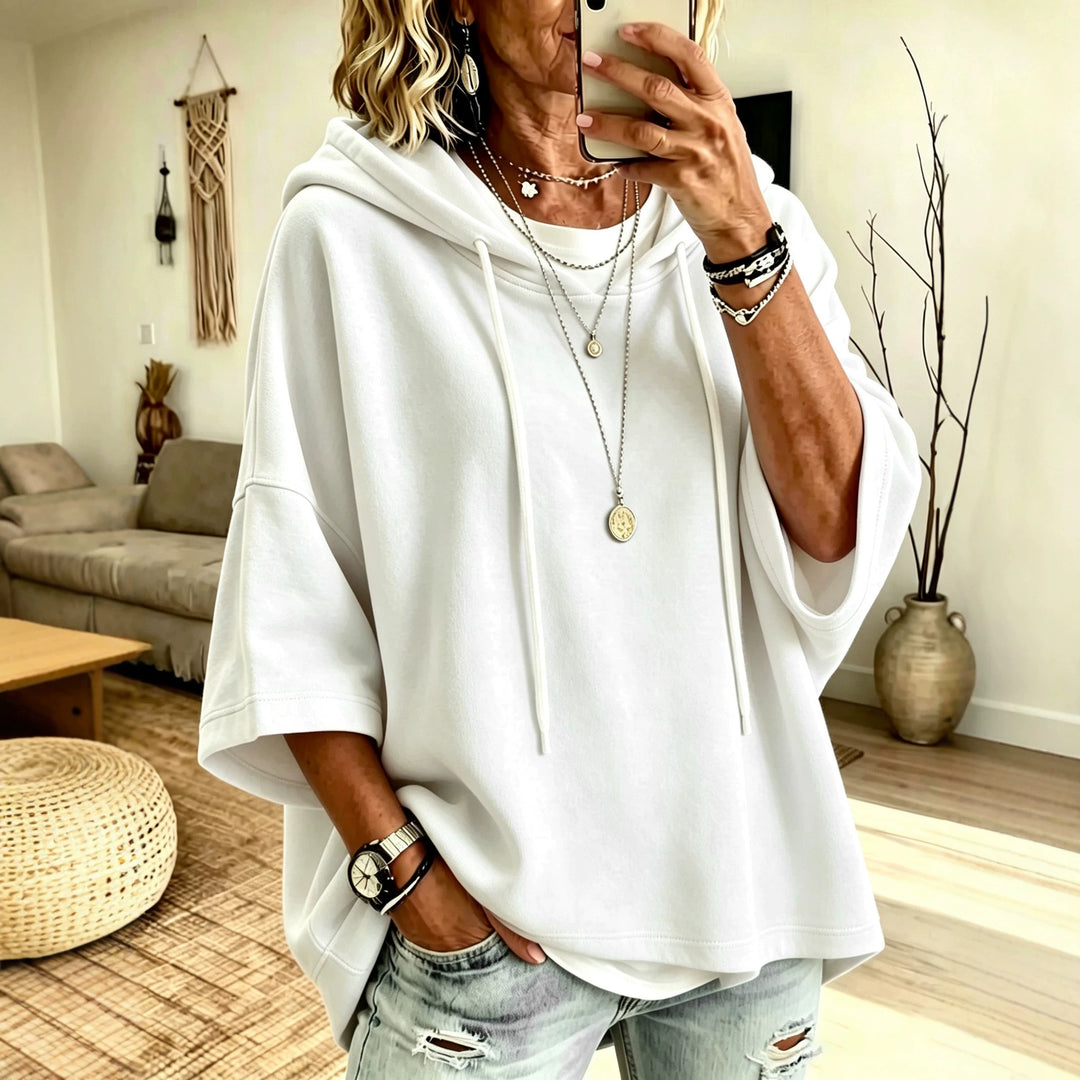 Damen Kurzarm-Oversize-Hoodie mit Kapuze und Kontrastkordel Nord Taschen