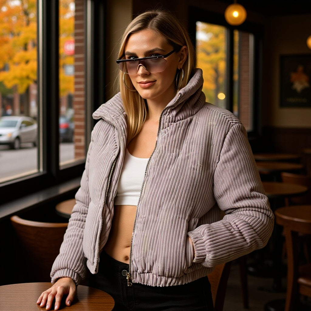 Damen Kurz geschnittene Steppjacke im Cord‑Look mit hohem Stehkragen Nord Taschen