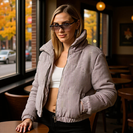Damen Kurz geschnittene Steppjacke im Cord‑Look mit hohem Stehkragen Nord Taschen