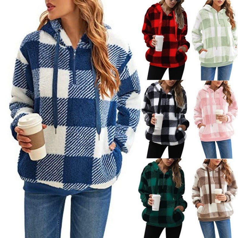Damen Oversized Sherpa-Hoodie im Karomuster mit halbem Reißverschluss und Kängurutasche Nord Taschen