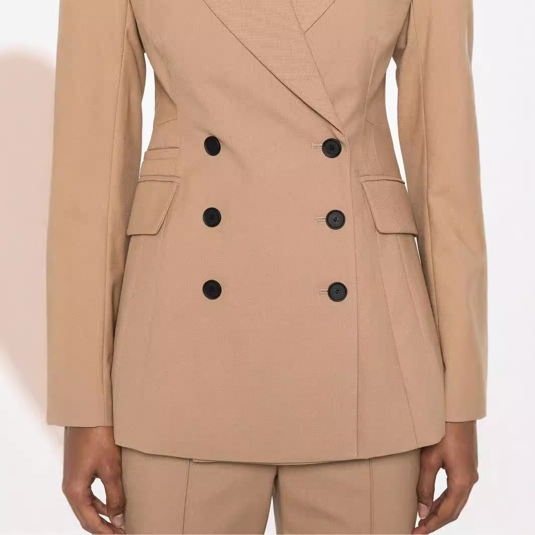 Damen Zweiteiliges tailliertes Doppelreihiges Blazer‑Hosenanzug mit ausgestellter Palazzohose Nord Taschen