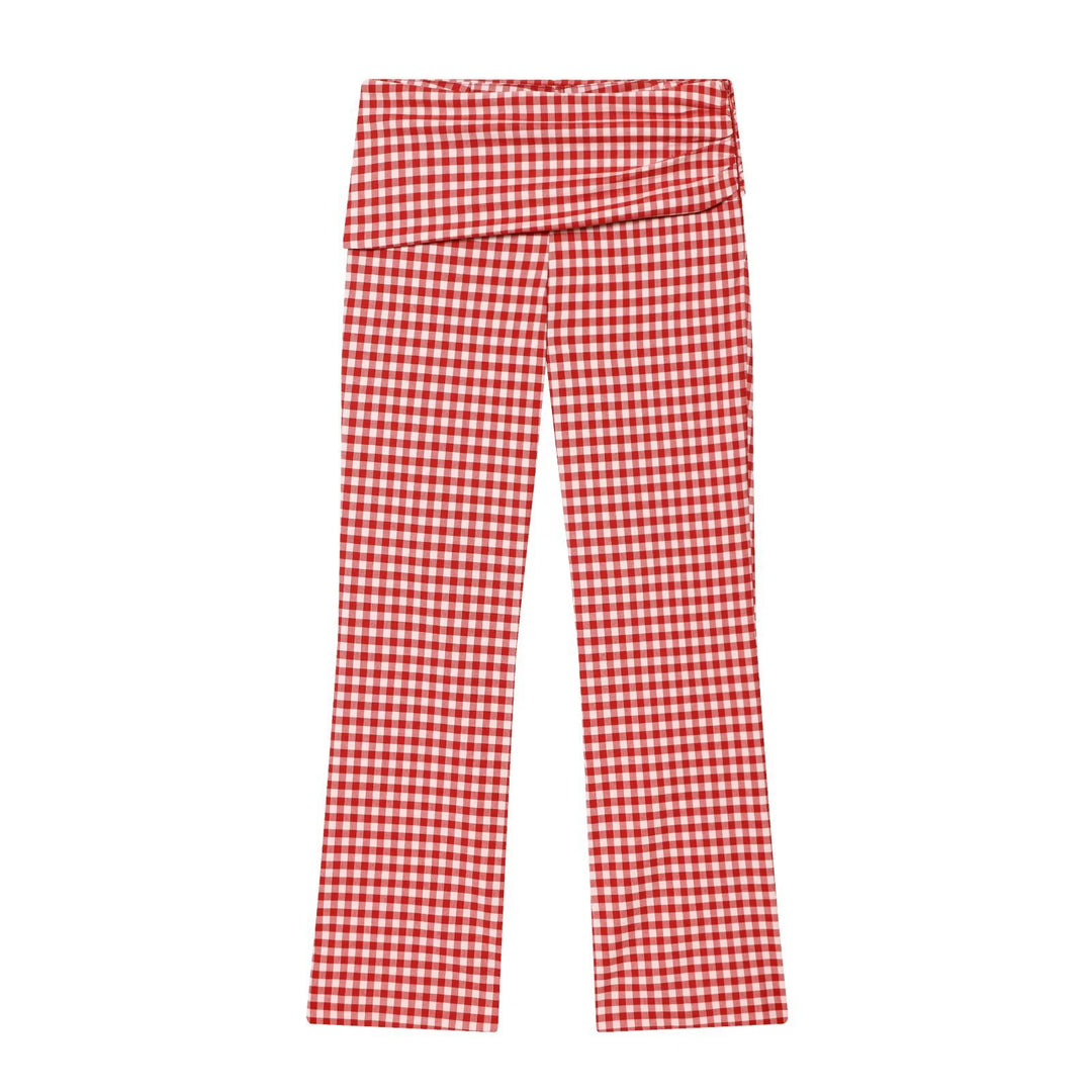 Damen Highwaist Karierte Hose mit Umschlagbund und weitem Bein Nord Taschen