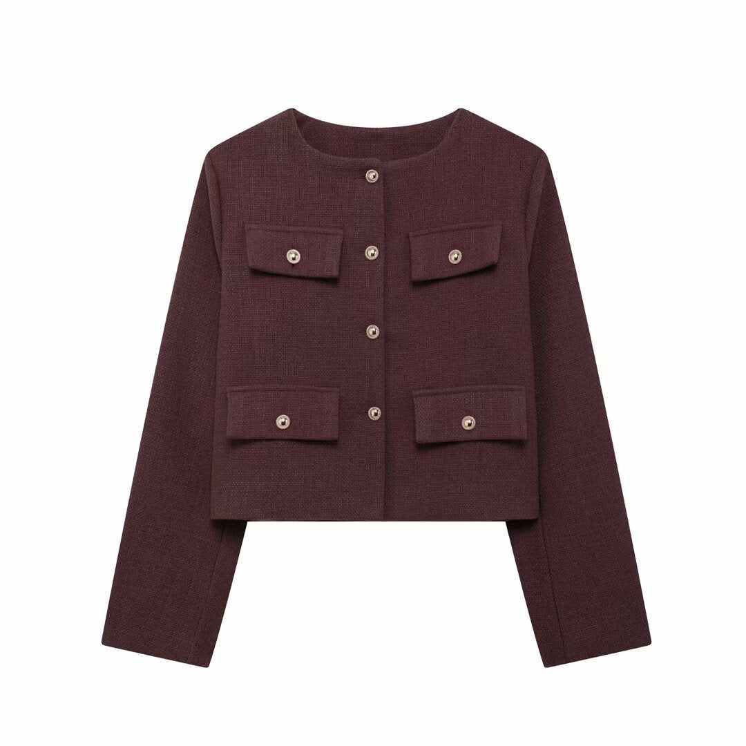 Damen Bouclé-Cropped-Jacke mit vier Pattentaschen und goldenen Schmuckknöpfen Nord Taschen