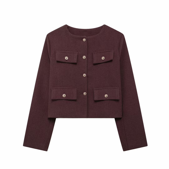 Damen Bouclé-Cropped-Jacke mit vier Pattentaschen und goldenen Schmuckknöpfen Nord Taschen