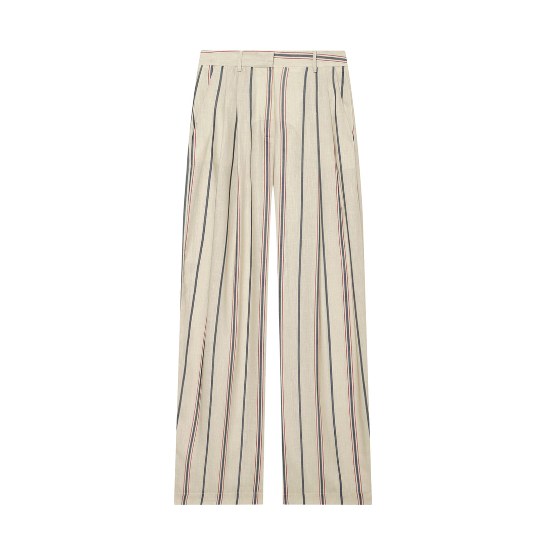 Damen Weite Leinenhose mit Bundfalten, hohem Bund und Längsstreifen Nord Taschen