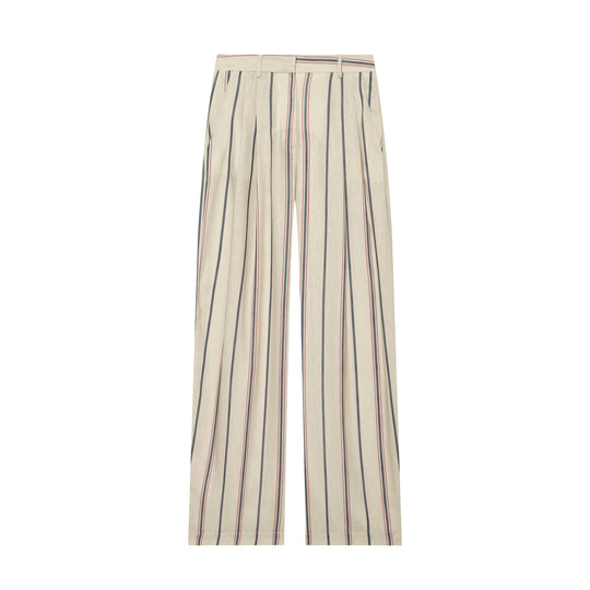 Damen Weite Leinenhose mit Bundfalten, hohem Bund und Längsstreifen Nord Taschen