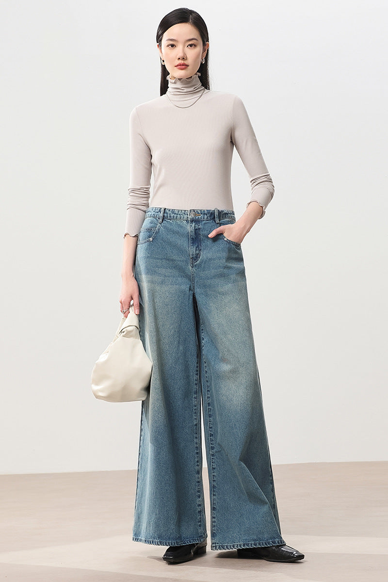 Damen Feines Ripp-Langarmshirt mit Rollkragen und Volantkanten Nord Taschen