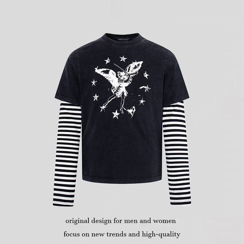 Damen Lagen-Langarmshirt mit gestreiften Unterärmeln und Vintage-Engel-Print Nord Taschen