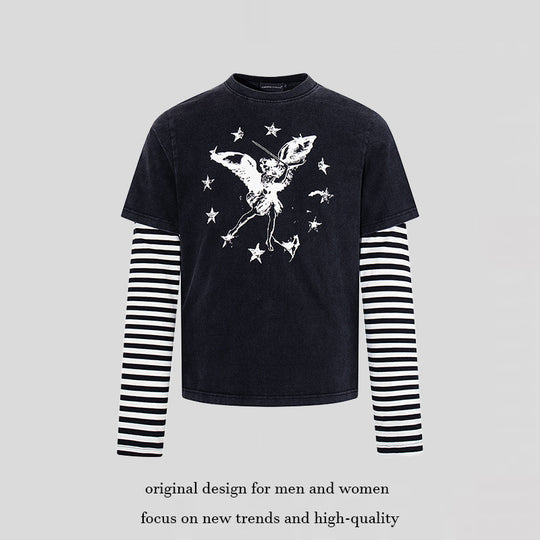 Damen Lagen-Langarmshirt mit gestreiften Unterärmeln und Vintage-Engel-Print Nord Taschen
