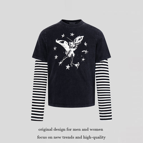 Damen Lagen-Langarmshirt mit gestreiften Unterärmeln und Vintage-Engel-Print Nord Taschen