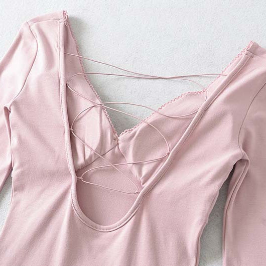 Damen Figurbetontes Langarm-Top mit tiefem V‑Ausschnitt, gekreuzten Spaghettiträgern und Spitzenkante Nord Taschen