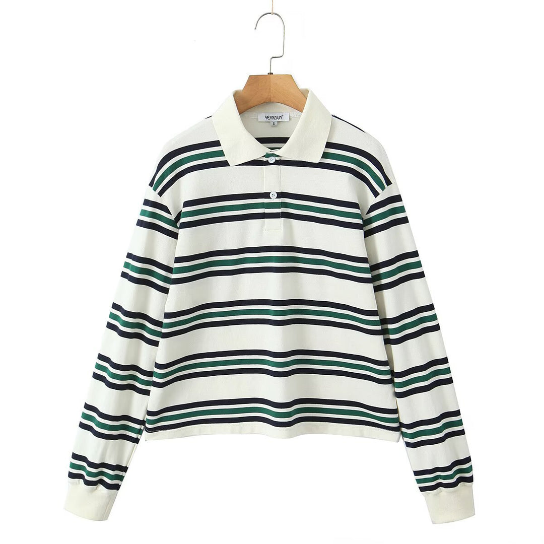 Damen Lässiges Langarm-Poloshirt mit Streifenmuster und Rippbündchen Nord Taschen