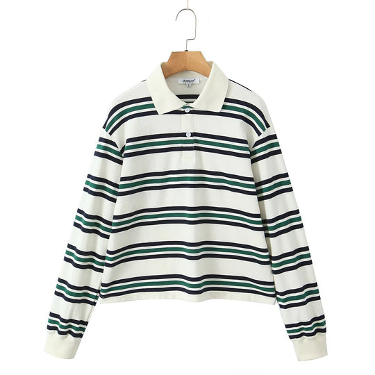 Damen Lässiges Langarm-Poloshirt mit Streifenmuster und Rippbündchen Nord Taschen