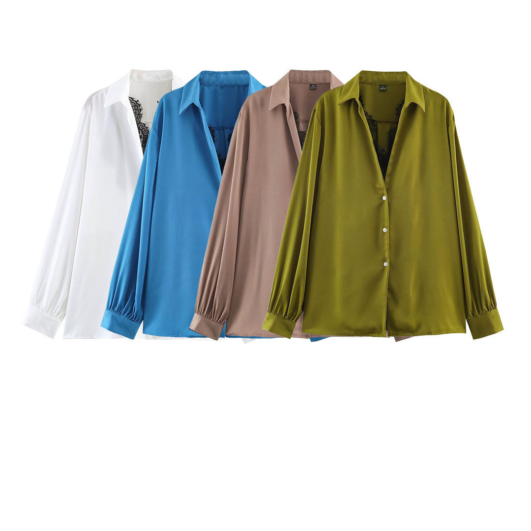 Damen Seidige Oversize-Bluse mit Spitzeneinsatz und Hemdkragen Nord Taschen
